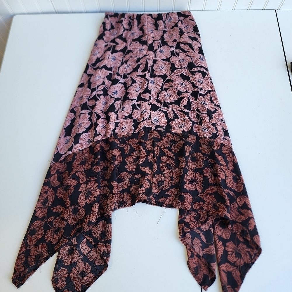 NWT Sienna Sky Wing Tipped Assymetric Skirt Brown Black Floral Midi XS